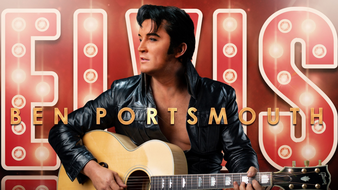 Promotional image of Ben Portsmouth in a black leather jacket holding a guitar, posed in front of illuminated “ELVIS” lettering and venue text.