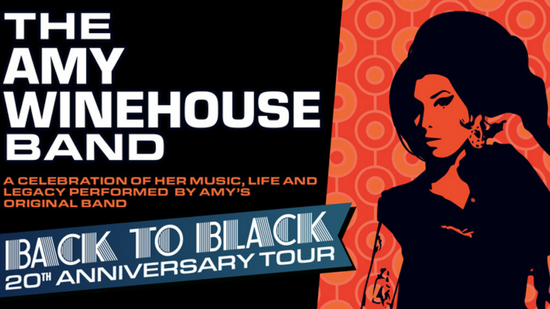 Promotional poster for The Amy Winehouse Band’s Back to Black 20th Anniversary Tour, featuring a stylised silhouette portrait and bold retro-inspired graphics.