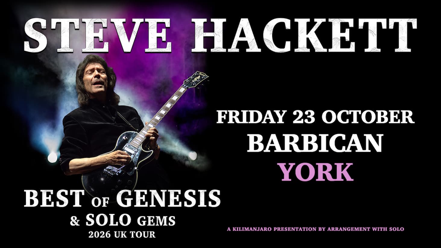 Promotional poster for Steve Hackett’s Best of Genesis & Solo Gems tour, featuring a guitarist performing on stage beneath colourful concert lighting.