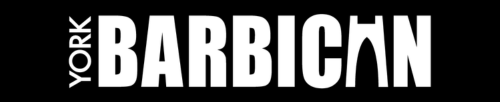 White logo on a black background featuring bold white text reading “YORK BARBICAN,” with “YORK” set vertically to the left of the larger “BARBICAN.”