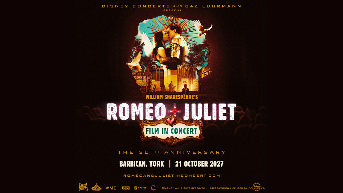 Promotional poster for Romeo + Juliet Film in Concert 30th anniversary, featuring Romeo and Juliet, cityscape, palm trees, doves, and event details for York. Promotional poster for Romeo + Juliet Film in Concert 30th anniversary, featuring Romeo and Juliet, cityscape, palm trees, doves, and event details for York.