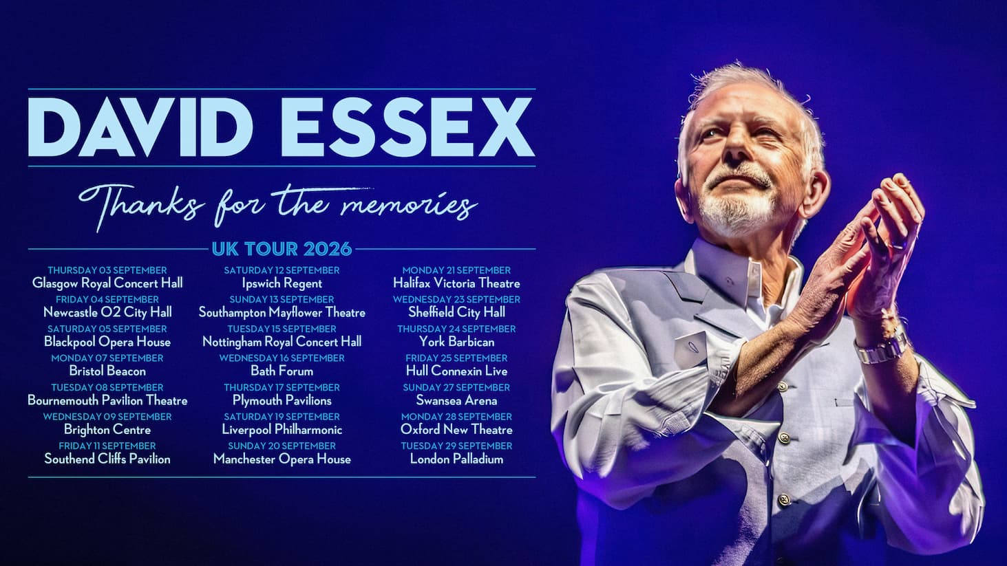 Concert tour poster featuring David Essex applauding under blue stage lighting, with UK tour dates listed alongside promotional text.