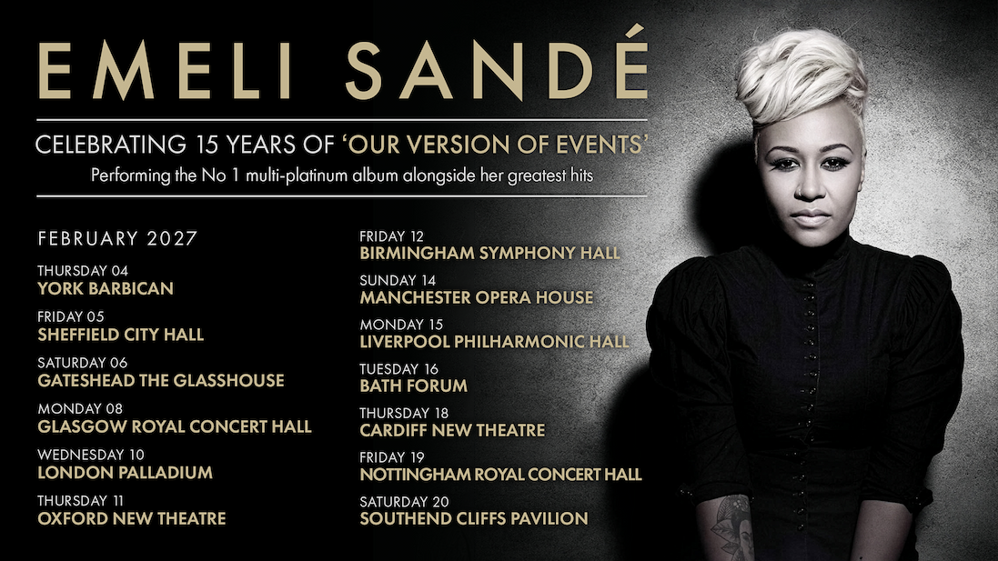 Promotional tour poster featuring a monochrome portrait and February 2027 UK concert dates celebrating the 15th anniversary of the album Our Version of Events.