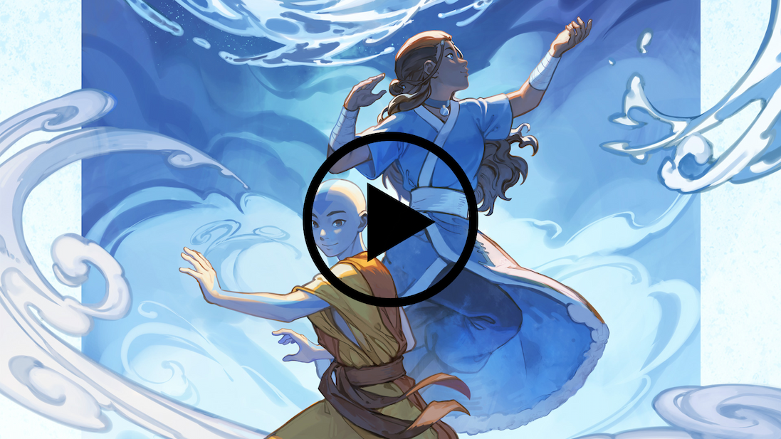 Illustrated artwork featuring two animated characters surrounded by swirling water and air currents, inspired by fantasy adventure themes in shades of blue and white.