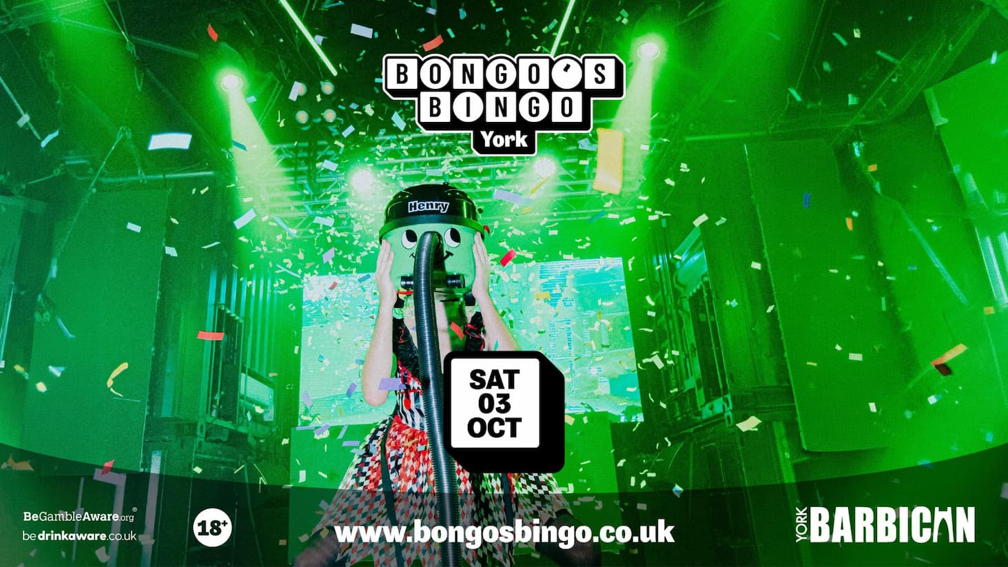 Promotional poster for Bongos Bingo York featuring a performer wearing a Henry vacuum mask under green stage lights and falling confetti, advertising Saturday 3 October.
