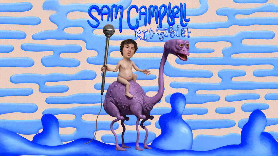Promotional artwork for Sam Campbell: Kid Giblet, featuring Sam Campbell riding a surreal purple dinosaur-like creature while holding a microphone.