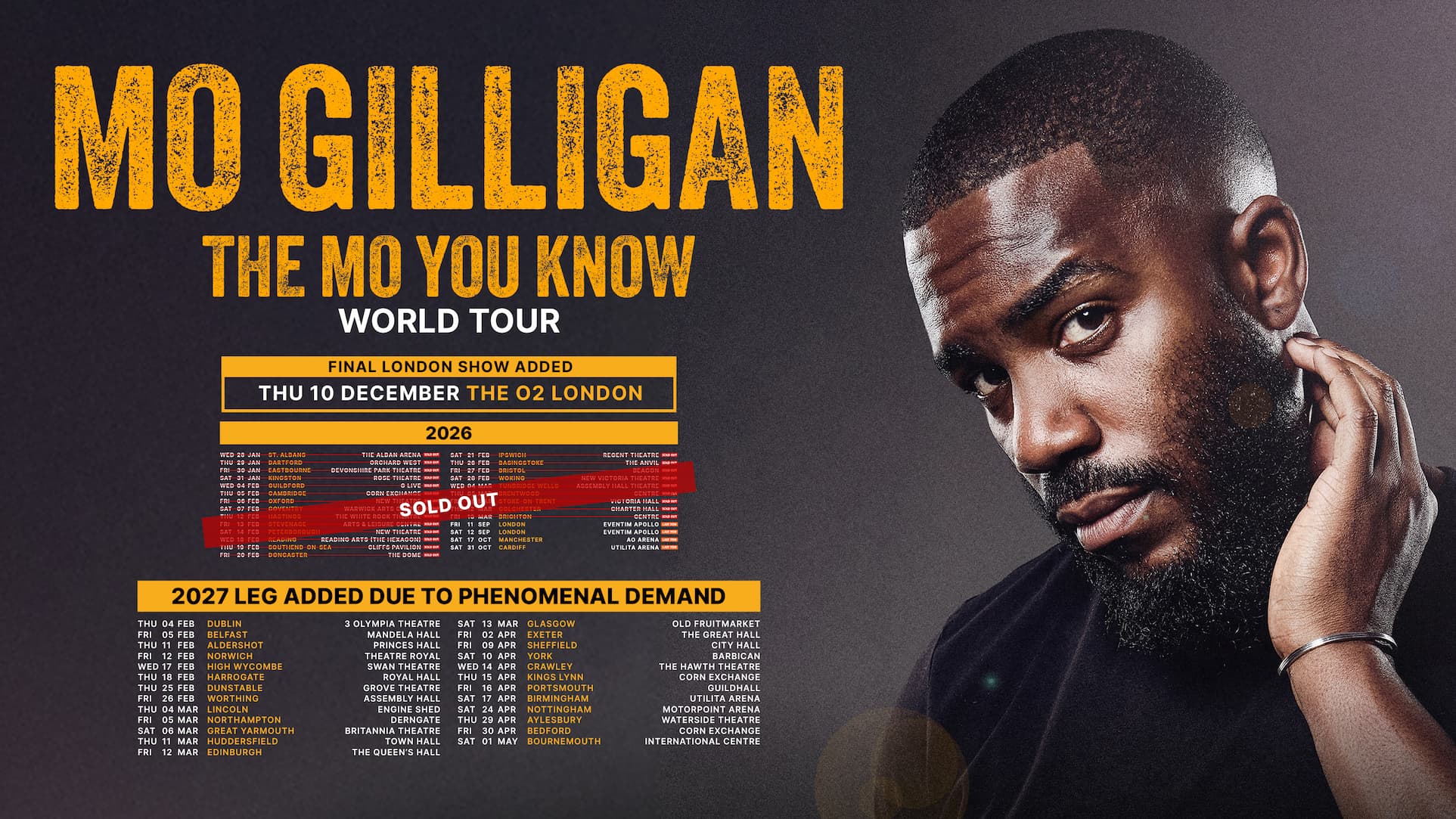 Promotional stand-up comedy poster with a large close-up portrait on the right of a person resting a hand near the side of the head, wearing dark clothing against a textured dark background. On the left, bold yellow text reads “MO GILLIGAN,” with smaller text beneath saying “THE MO YOU KNOW – WORLD TOUR.” Additional text highlights a “Final London show added” at The O2 London on Thursday 10 December, along with extensive 2026 tour dates marked as sold out and a 2027 leg added due to demand listed along the bottom.