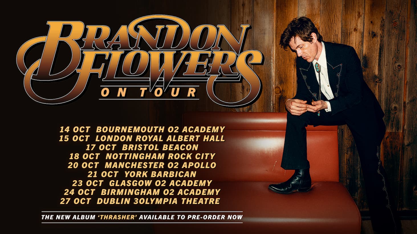 Brandon Flowers tour poster featuring the artist seated on a vintage sofa, with UK and Ireland tour dates, including York Barbican.