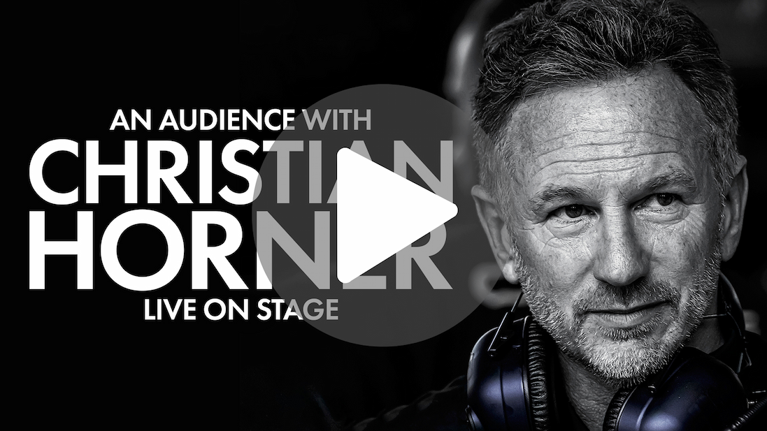 Black-and-white event promotional graphic featuring a close-up portrait beside bold text reading: “An Audience with Christian Horner” and “Live on Stage.”