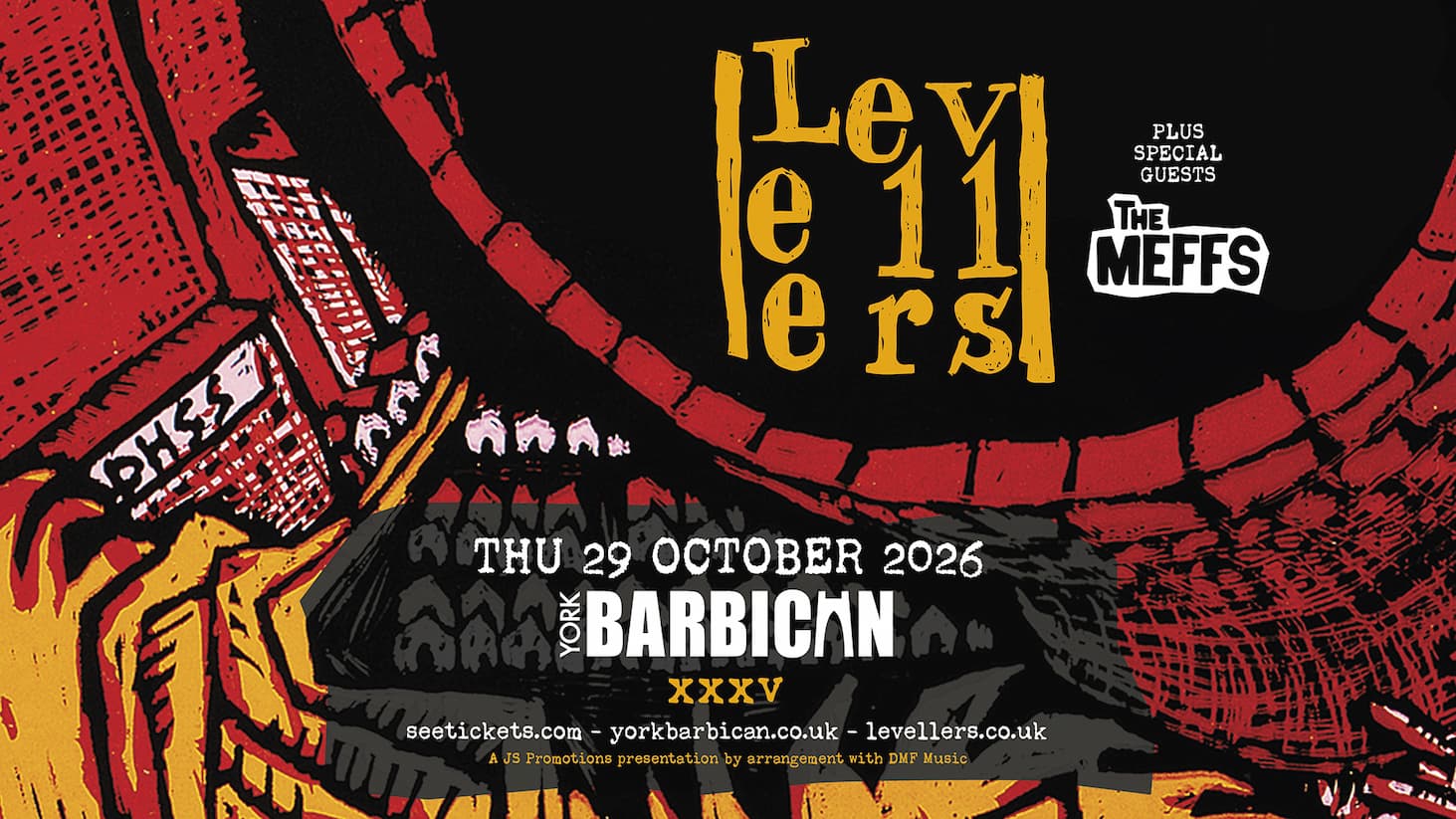 Promotional poster for Levellers with special guests The Meffs, featuring bold red and black artwork and York Barbican tour date details.