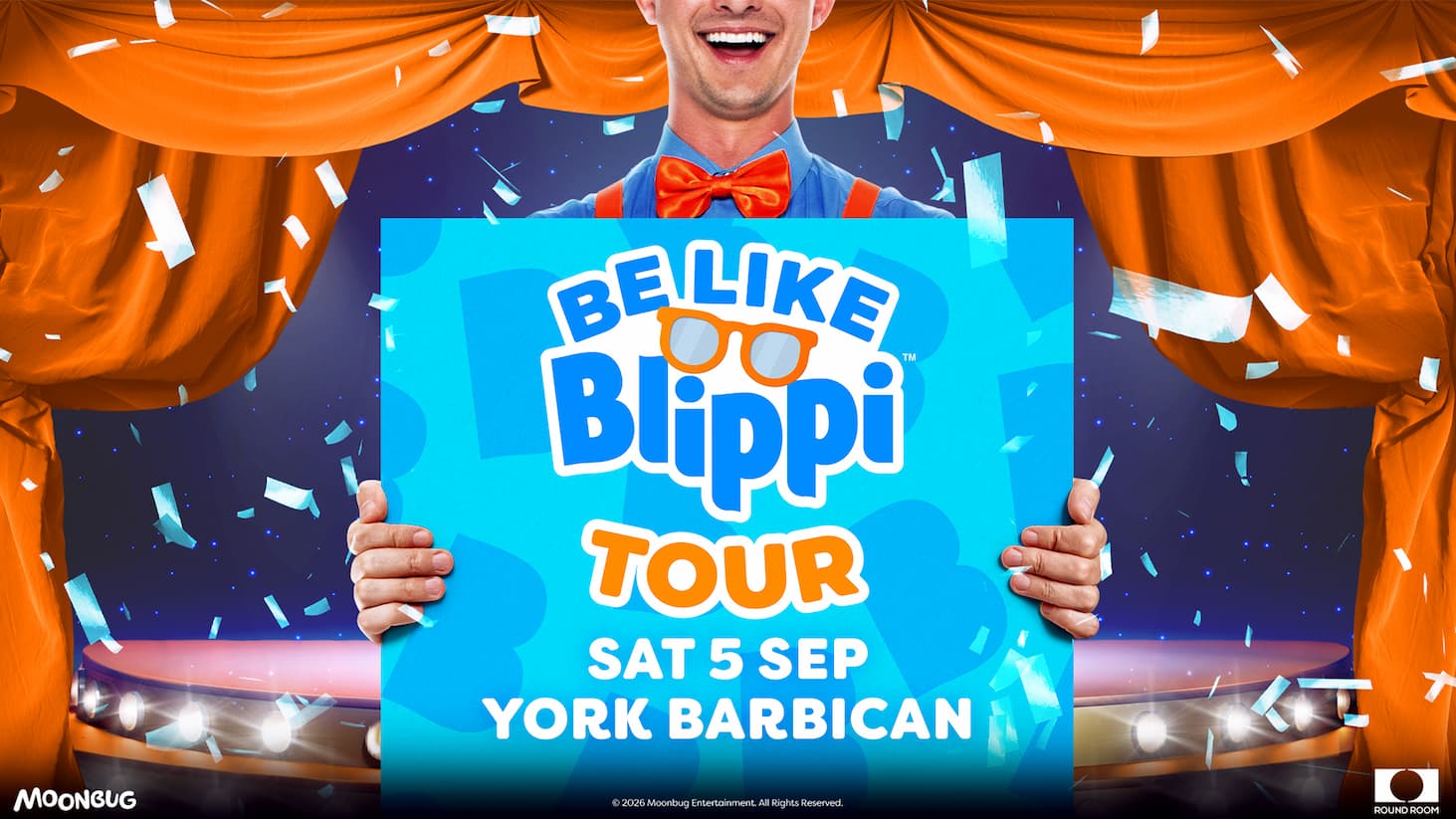 Promotional poster for Blippi Tour at York Barbican on 5 September, featuring a stage with orange curtains, confetti, spotlights, and a large event sign.