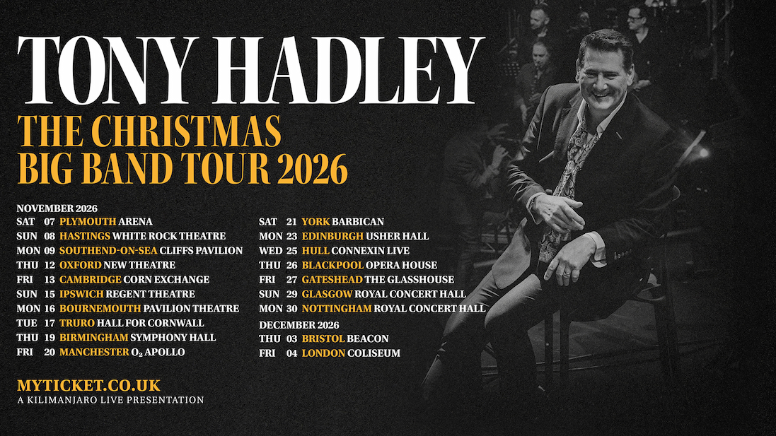 Promotional poster for Tony Hadley’s Christmas Big Band Tour 2026, featuring a black-and-white stage photo and UK tour dates across November and December.