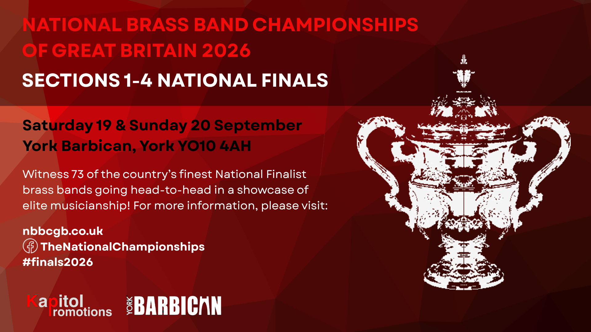 Promotional graphic for the 2026 National Brass Band Championships Finals at York Barbican, featuring event details and a large trophy illustration.