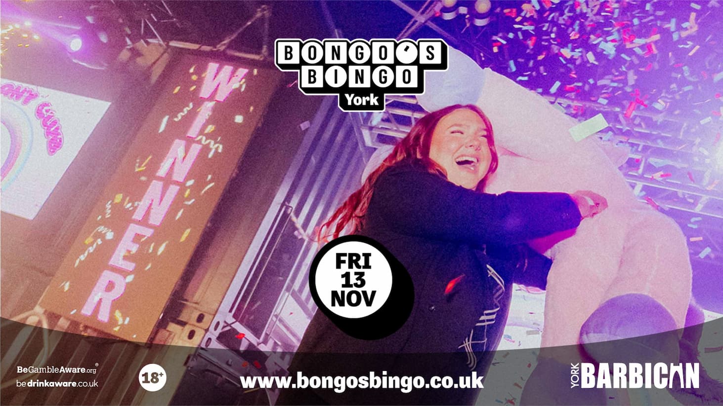 Promotional poster for Bongos Bingo York showing a person on stage beside a giant inflatable unicorn, with confetti, colourful lighting, and Friday 13 November event details.