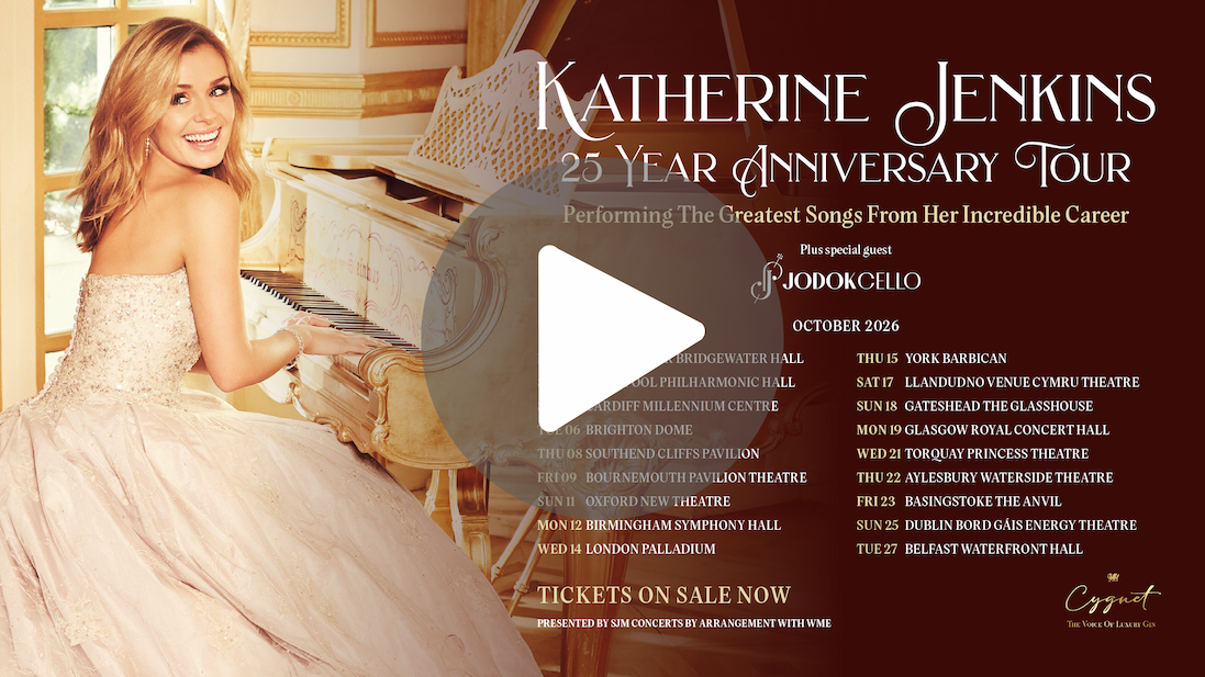 Promotional poster for Katherine Jenkins’ 25 Year Anniversary Tour, featuring the singer seated at a grand piano in an elegant gown.