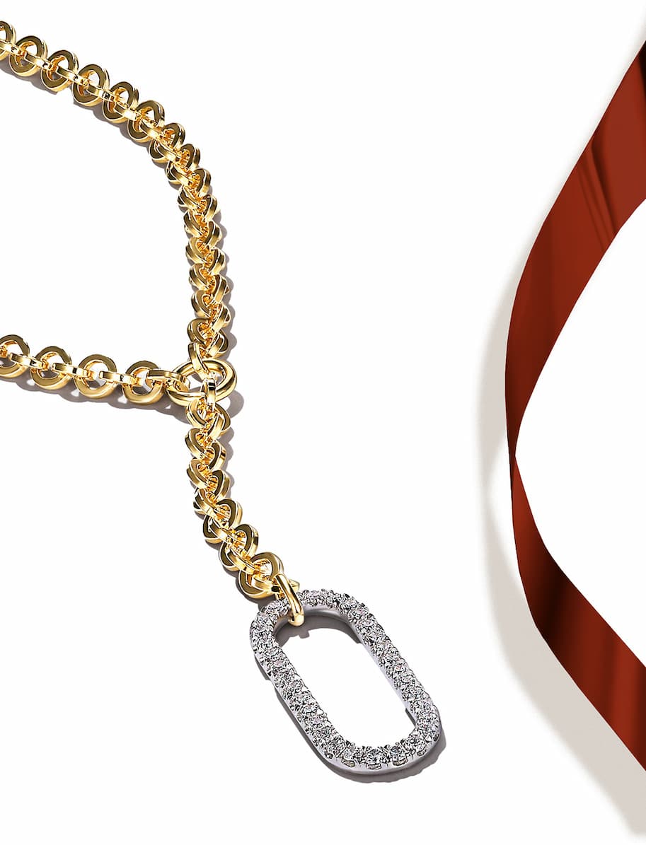 14K White Yellow Gold Hollow Tube Link Diamond Y Necklace