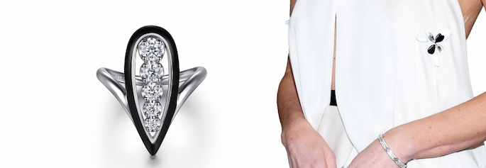 Enamel - 14K White Gold Graduating Diamond Chevron Ring with Black Enamel