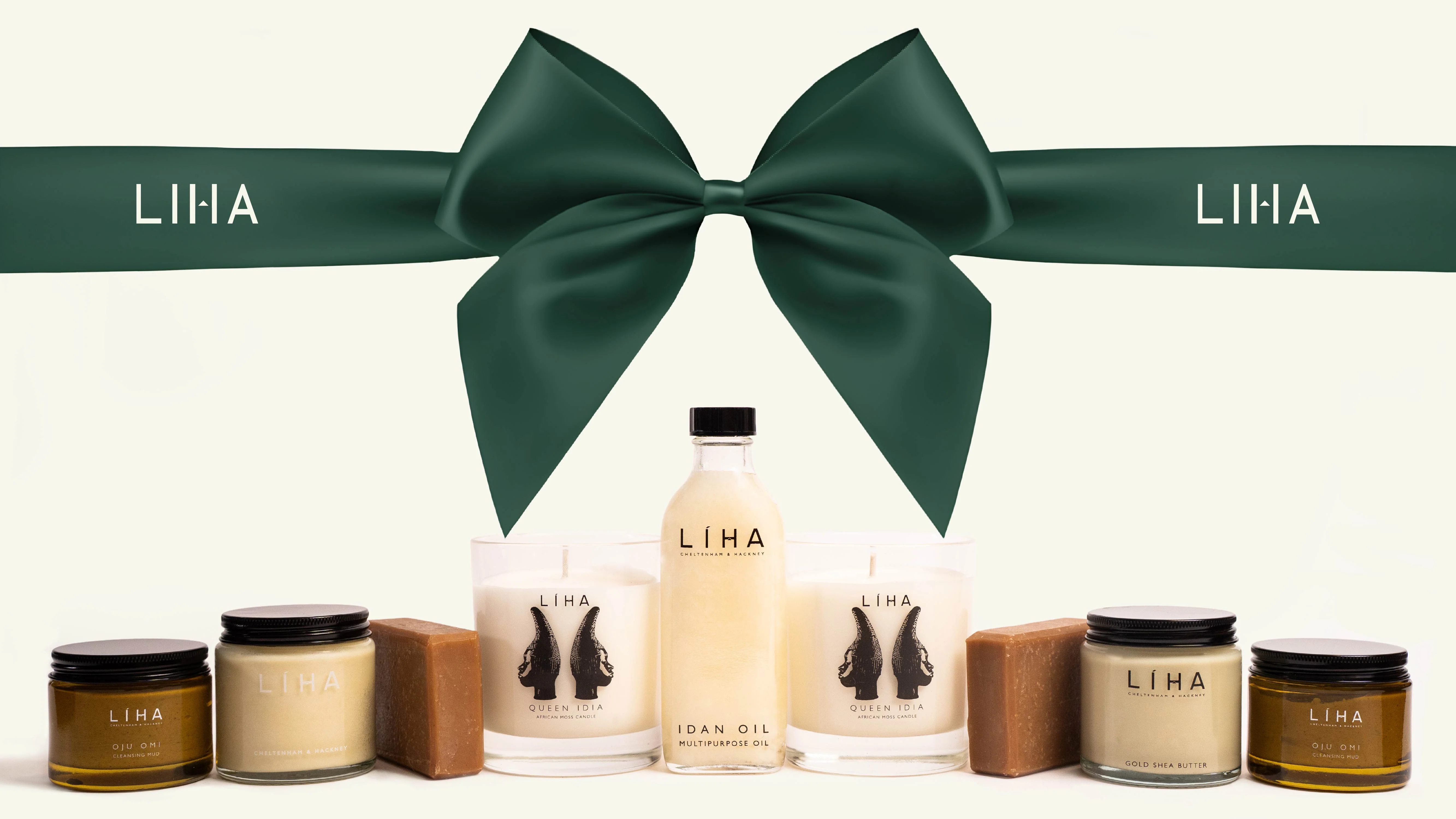 The LIHA Beauty product line wrapped in a green bow