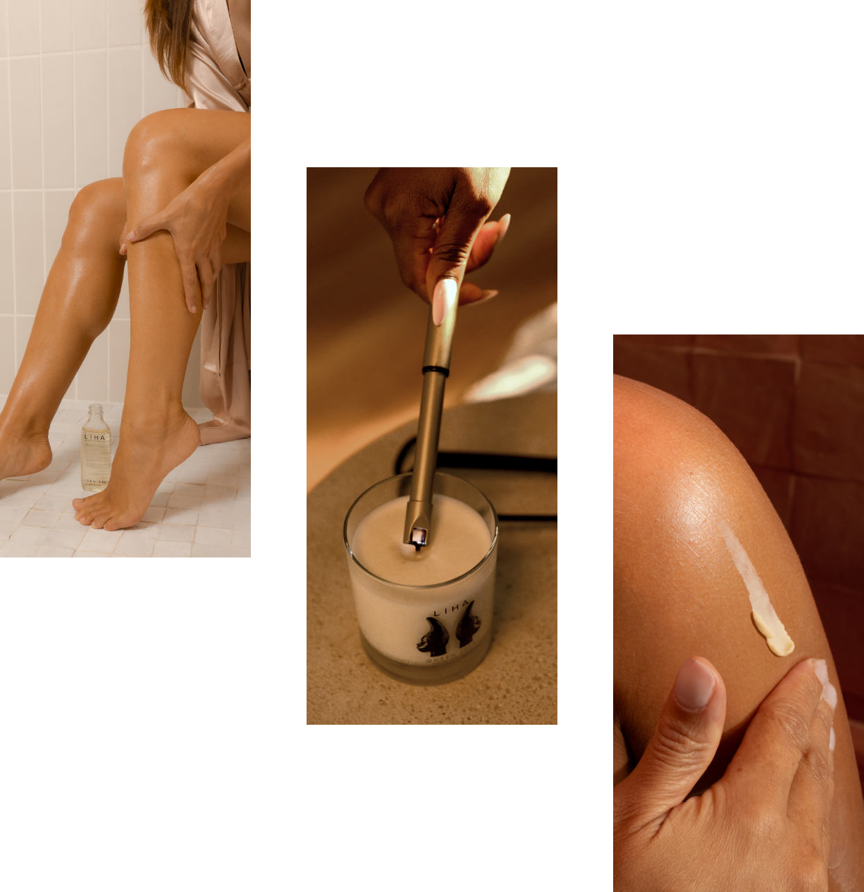 A triptych of 3 women performing selfcare rituals