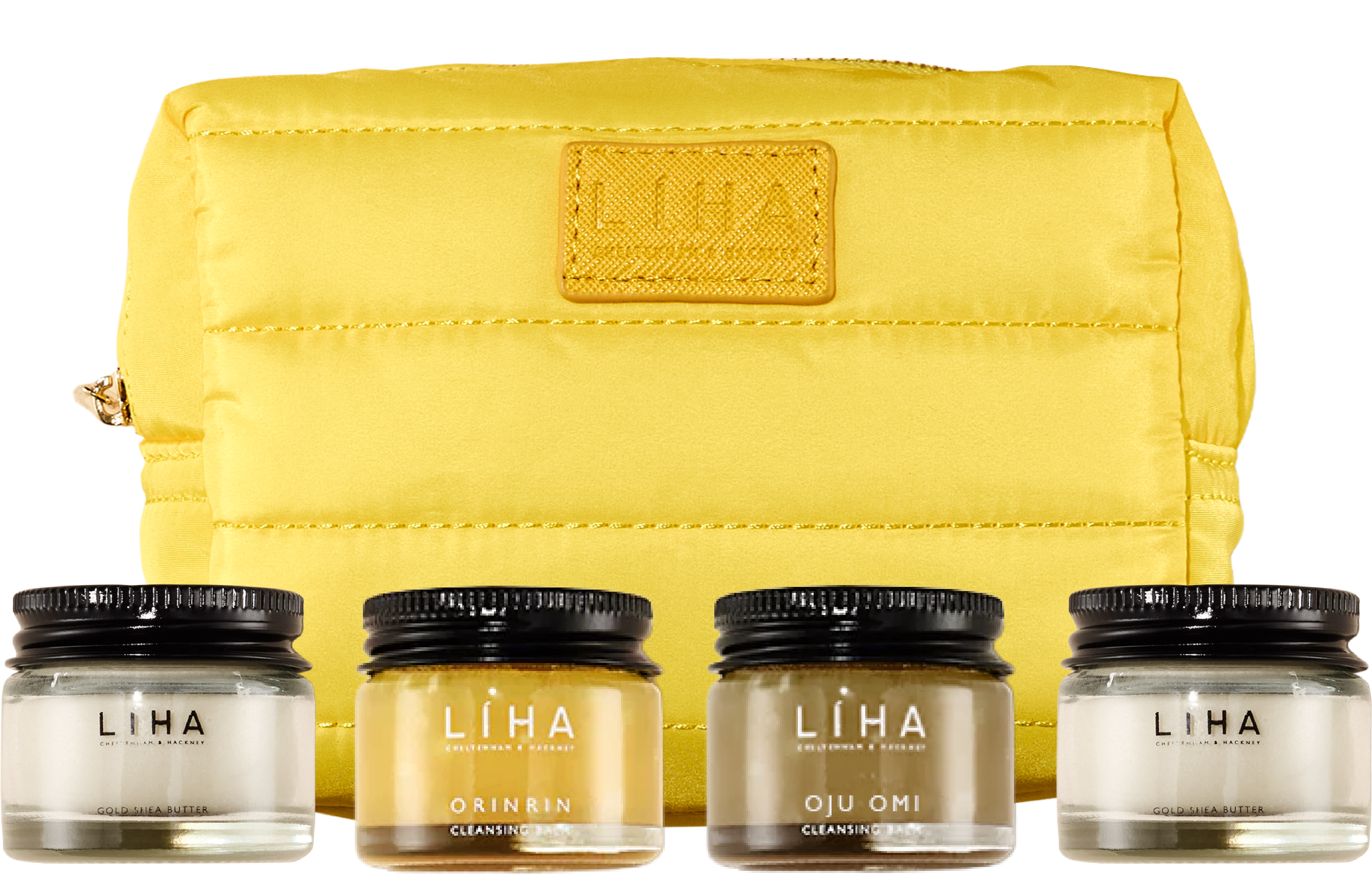4 small pots placed in front of a yeall travel bag