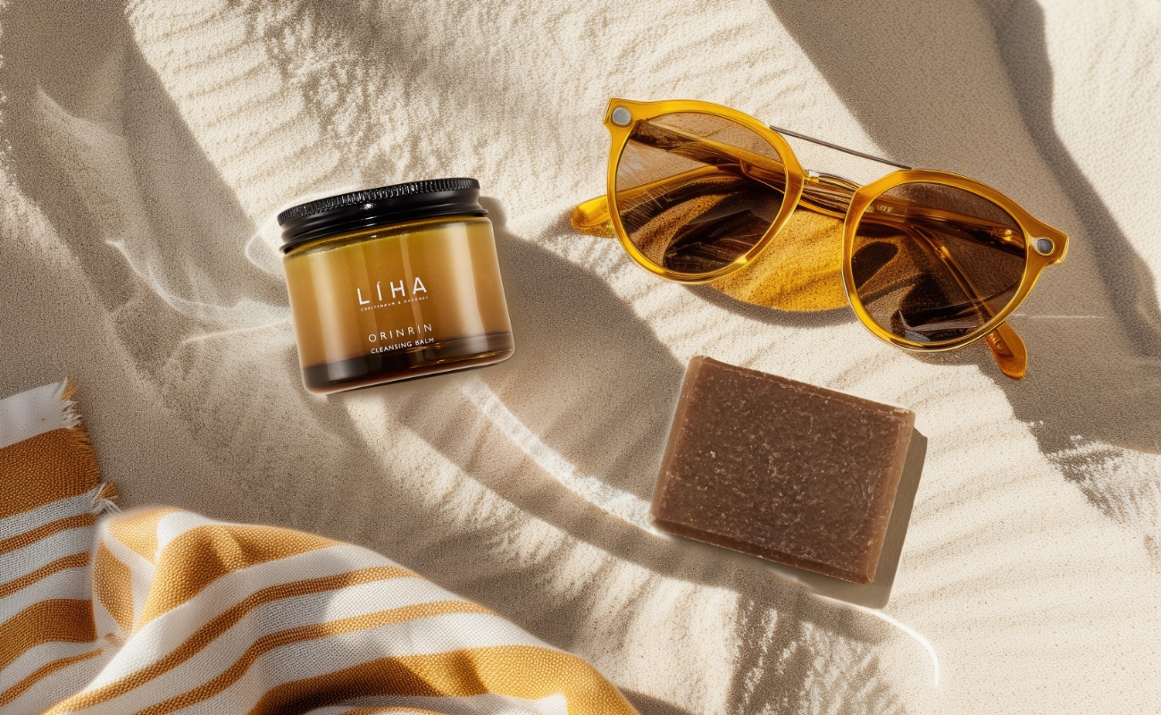 Orinrin Cleansing Balm and Black Soap on a sand