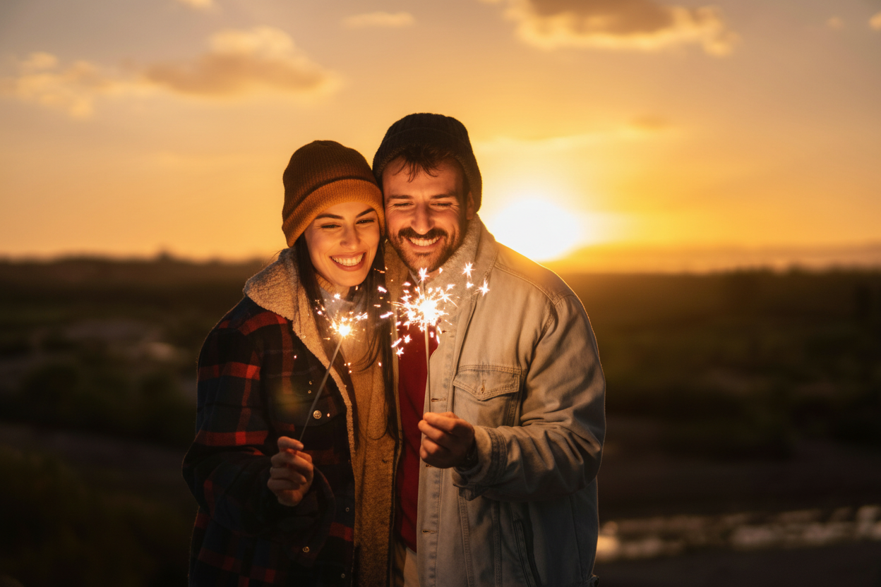 an image of a man and woman holding sparklers in their hands
