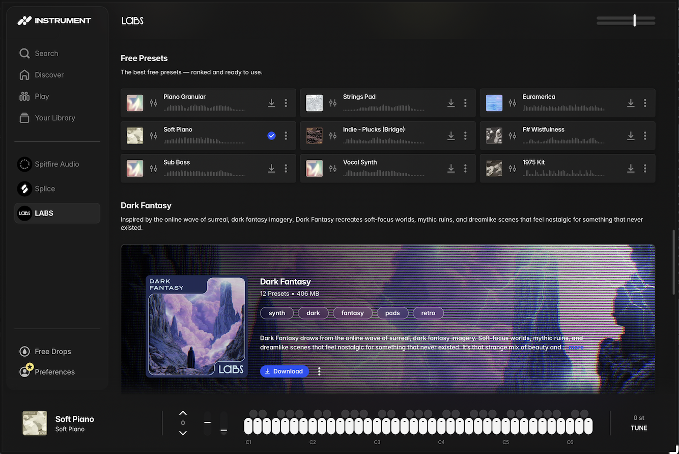 INSTRUMENT UI showcasing the ability to download individual presets.