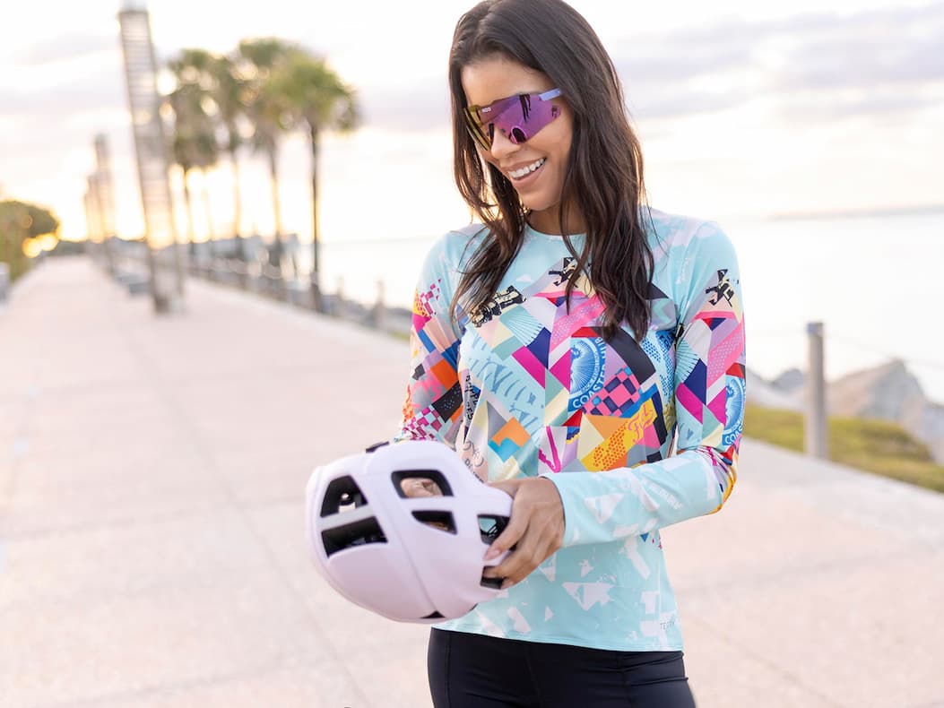 woman in soleil top in gears of glory aqua