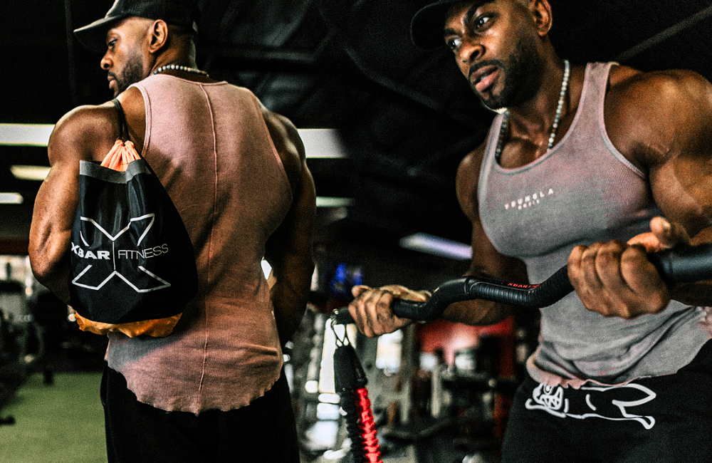 Split view of a fitness enthusiast carrying the XBAR FITNESS travel bag and working out with the portable resistance bar system.