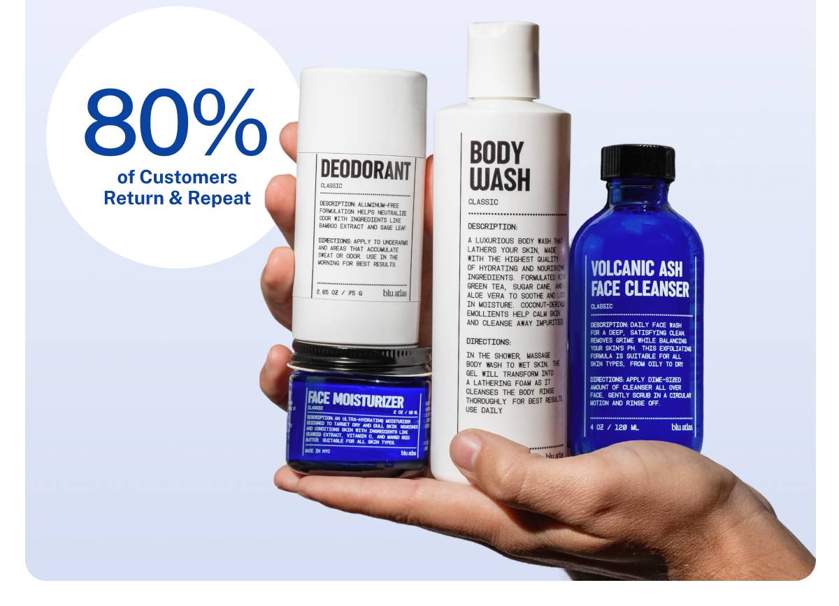 80% of Customers Return & Repeat. Blu Atlas Deodorant, Face Moisturizer, Body Wash, and Volcanic Ash Face Cleanser.
