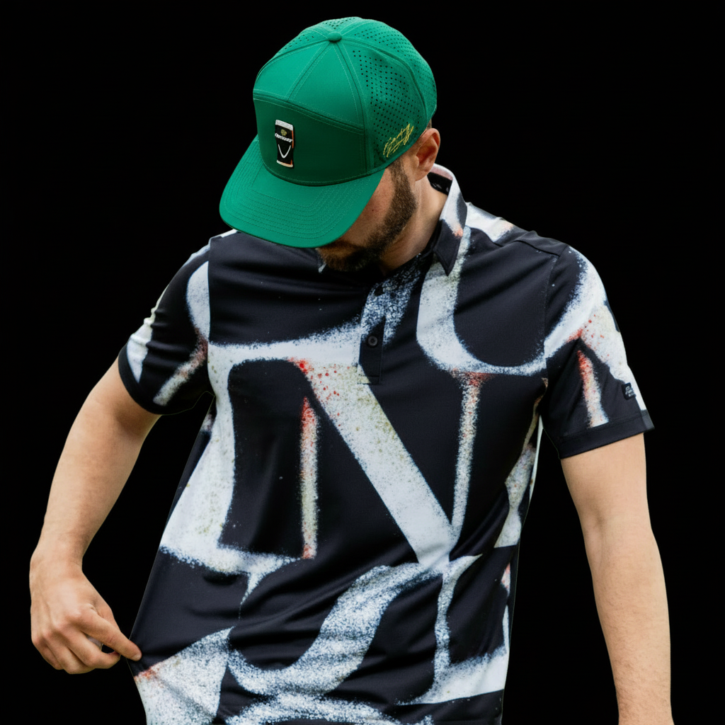 an image of a man in a green hat and a black shirt