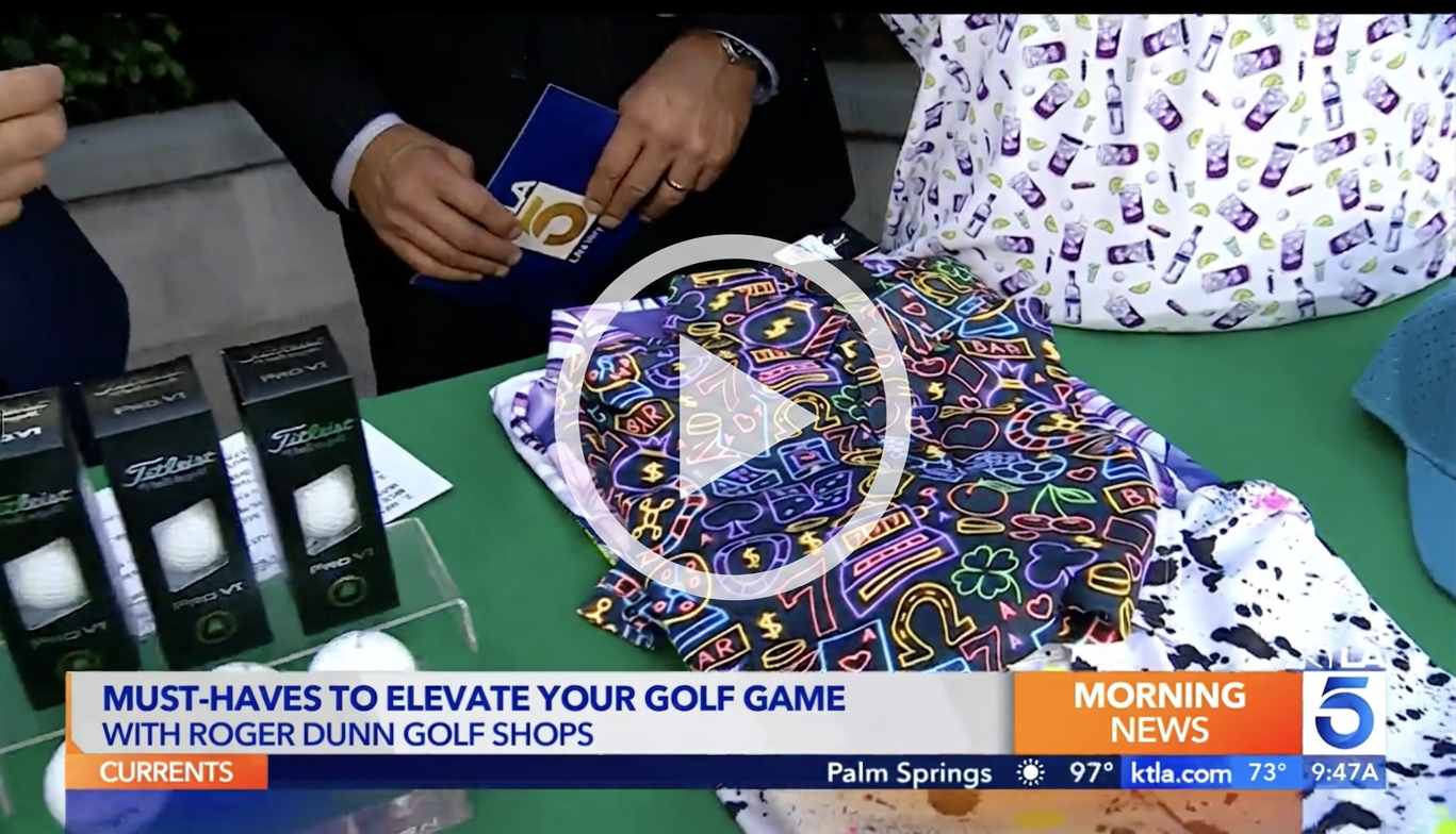 Golf balls and patterned clothing are displayed, with a news overlay about elevating golf games.