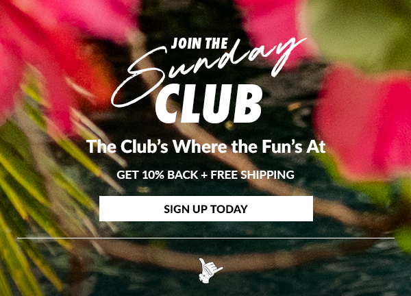 Text: Sunday Swagger presents The Sunday Club. Free welcome gift hat, 10% cash back, priority service, early access, free shipping, exclusive access, increased discounts, bragging rights. Click the button to join the club. Only $20/year *billed annually.