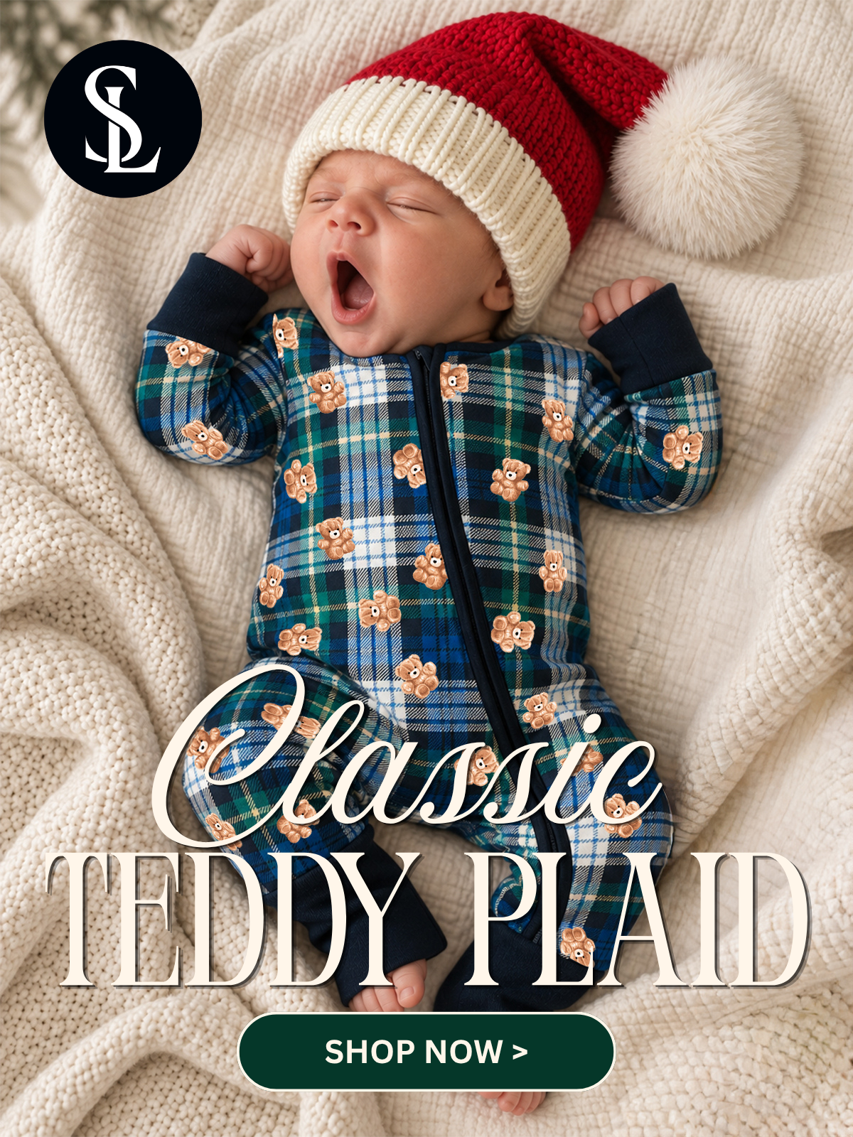  a yawning baby wearing a classic teddy plaid romper & a red santa knit hat