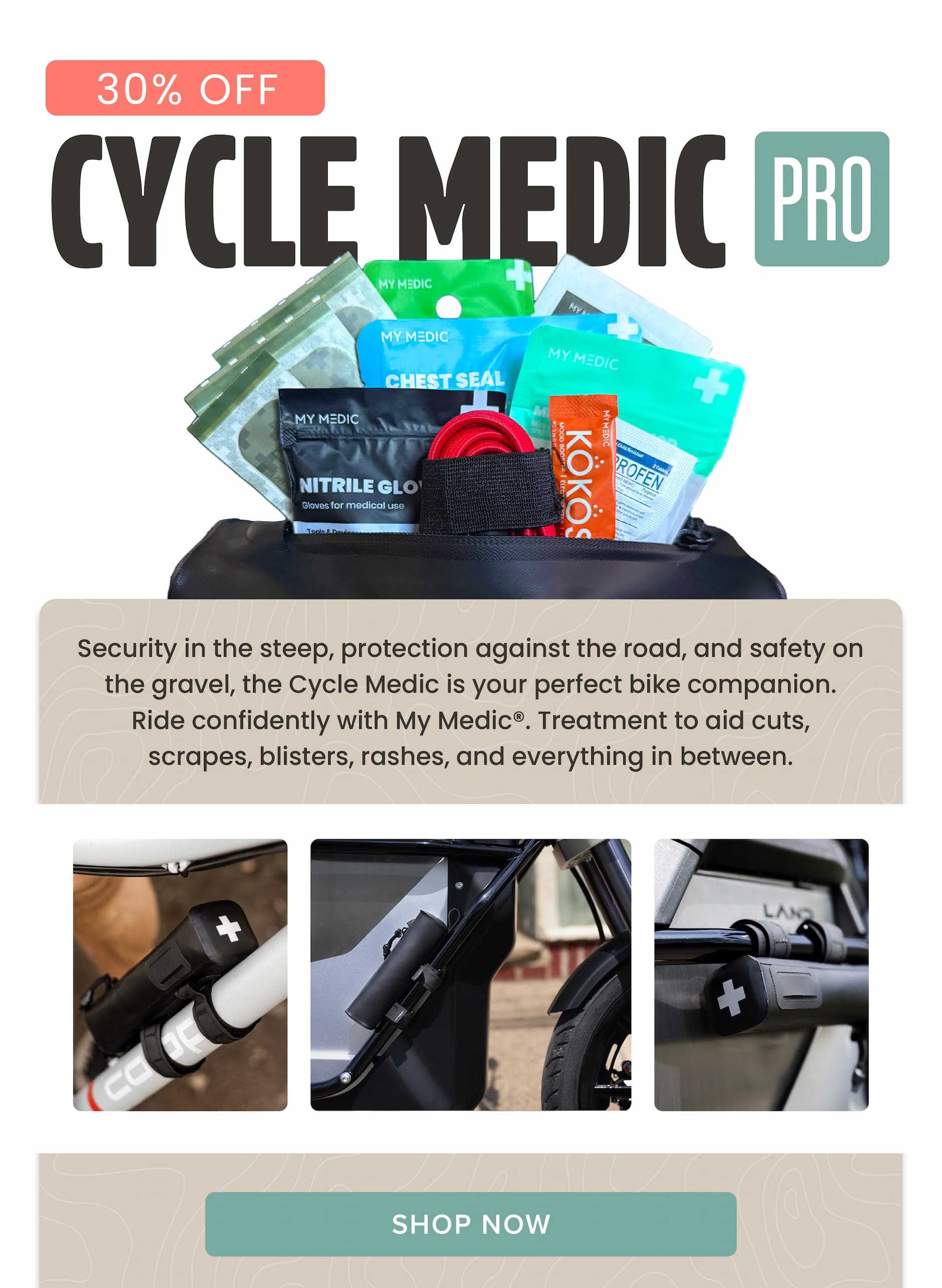 Cycle Medic Pro kit displayed open showing medical supplies like gloves, chest seals, and bandages with 30% off.