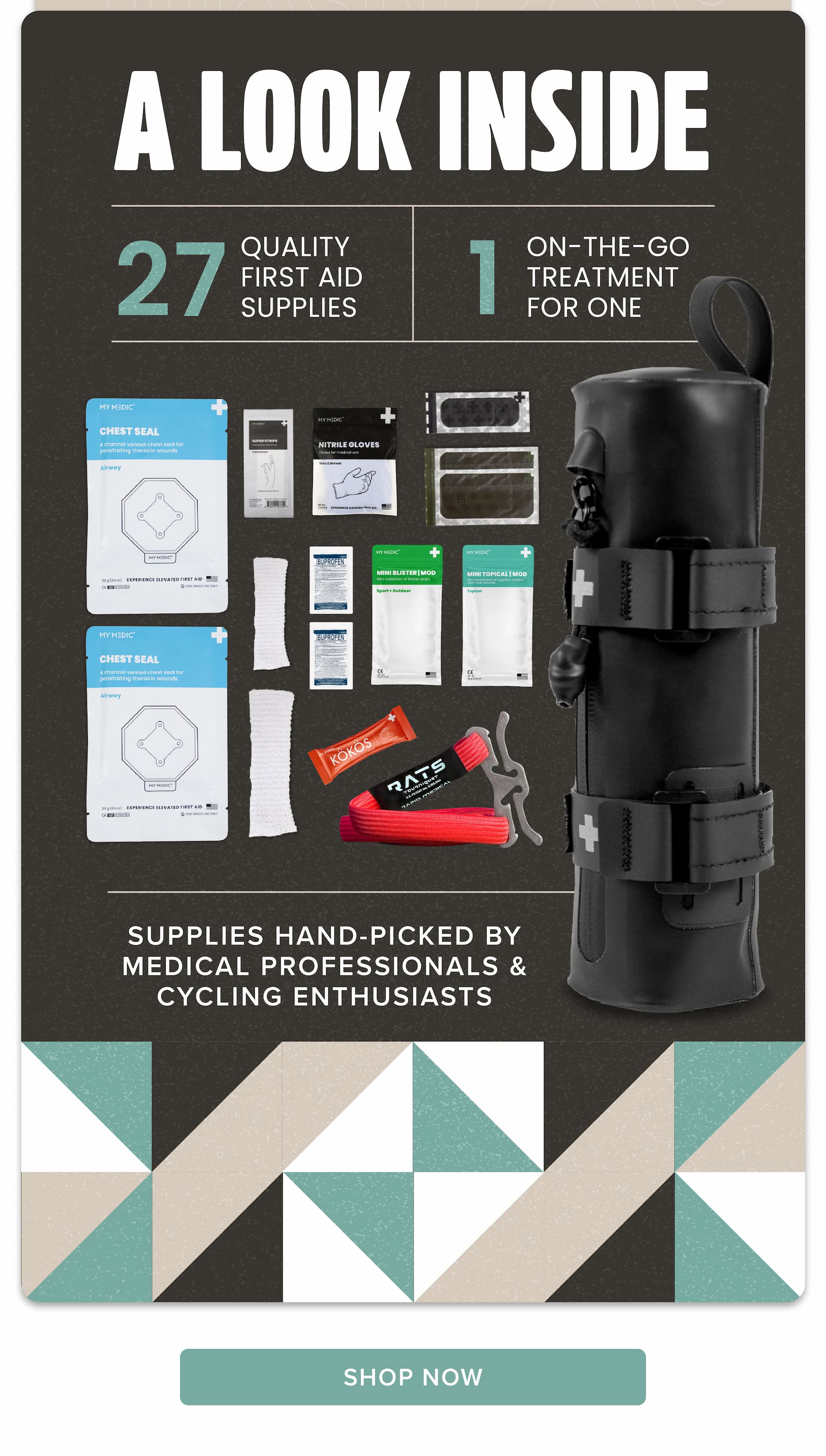 Cycle Medic Pro kit displayed open showing medical supplies like gloves, chest seals, and bandages with 30% off.