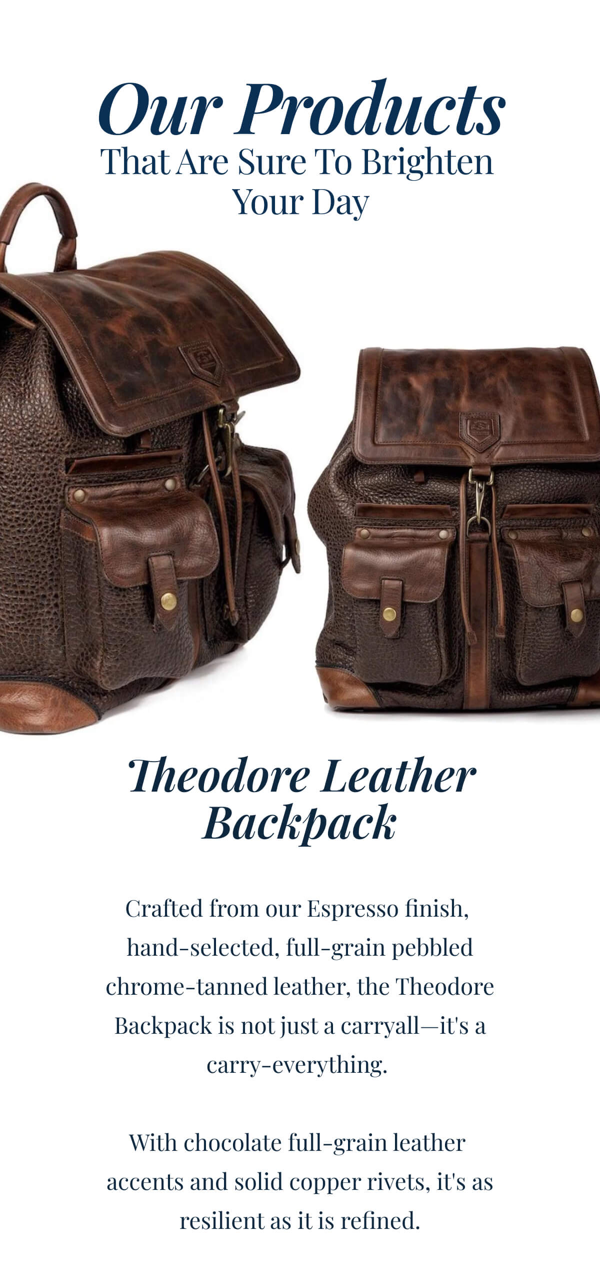 Our Products That Are Sure To Brighten Your Day Theodore Leather Backpack Crafted from our Espresso finish, hand-selected, full-grain pebbled chrome-tanned leather, the Theodore Backpack is not just a carryall—it's a carry-everything. With chocolate full-grain leather accents and solid copper rivets, it's as resilient as it is refined.