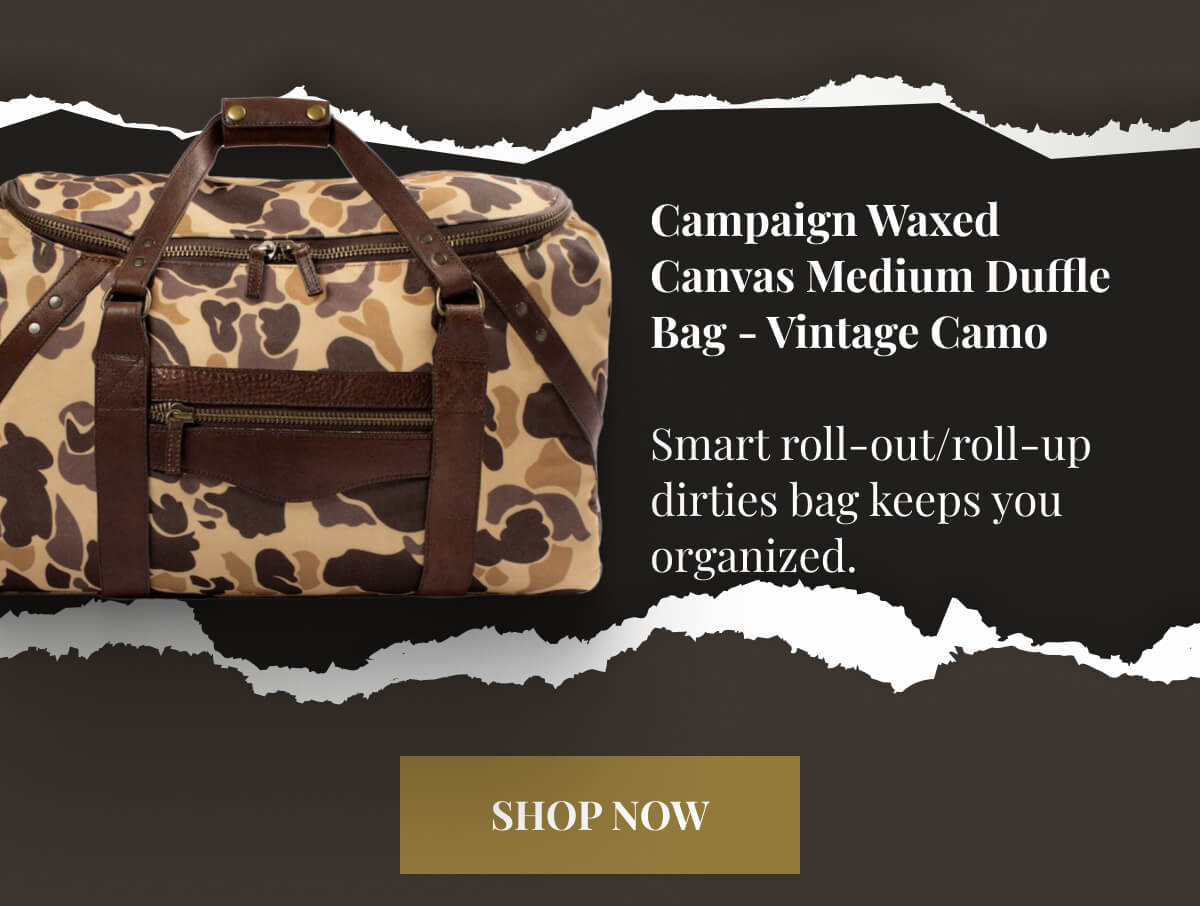 Campaign Waxed Canvas Medium Duffle Bag - Vintage Camo Smart roll-out/roll-up dirties bag keeps you organized.
