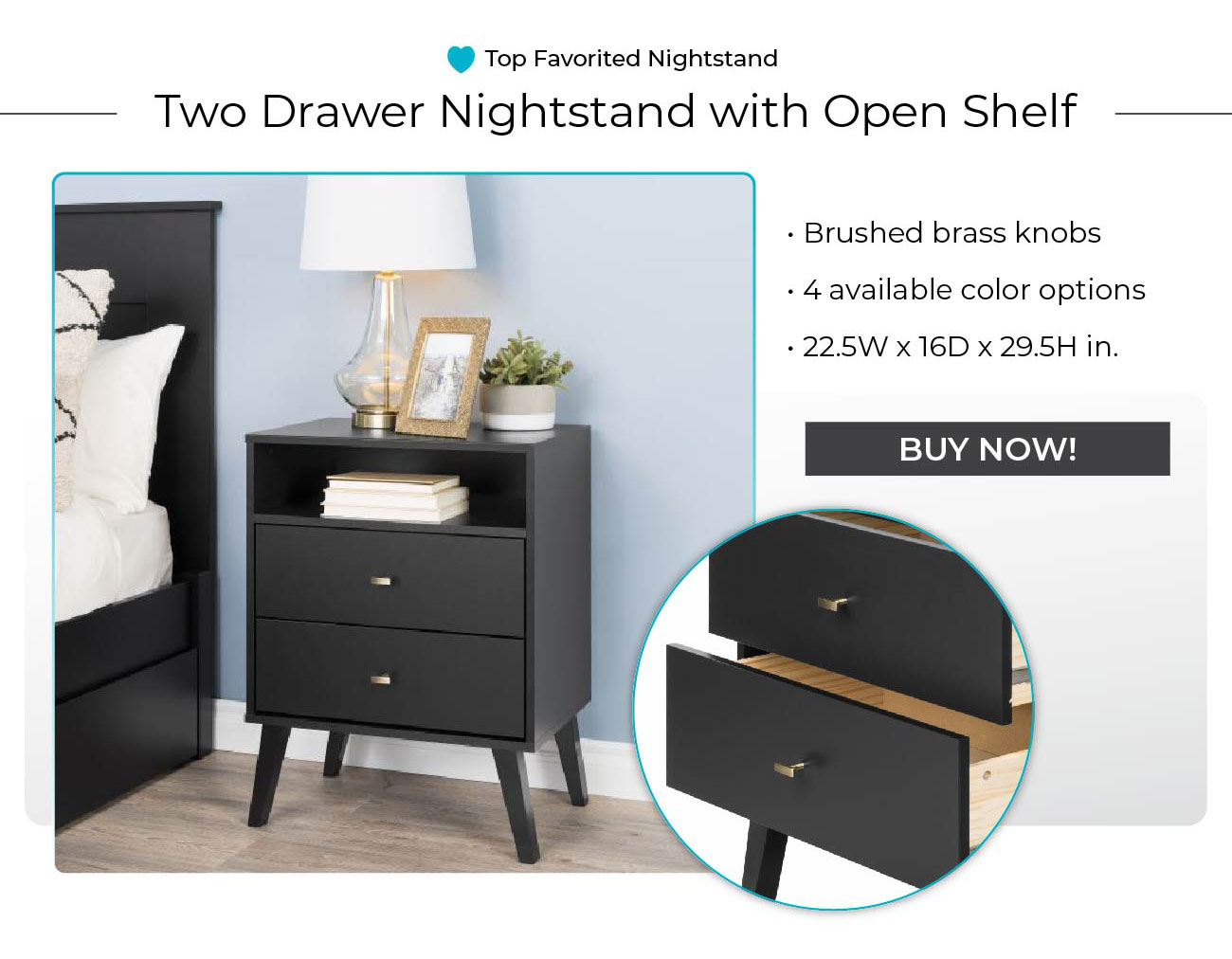 Two Drawer Nightstand with Open Shelf