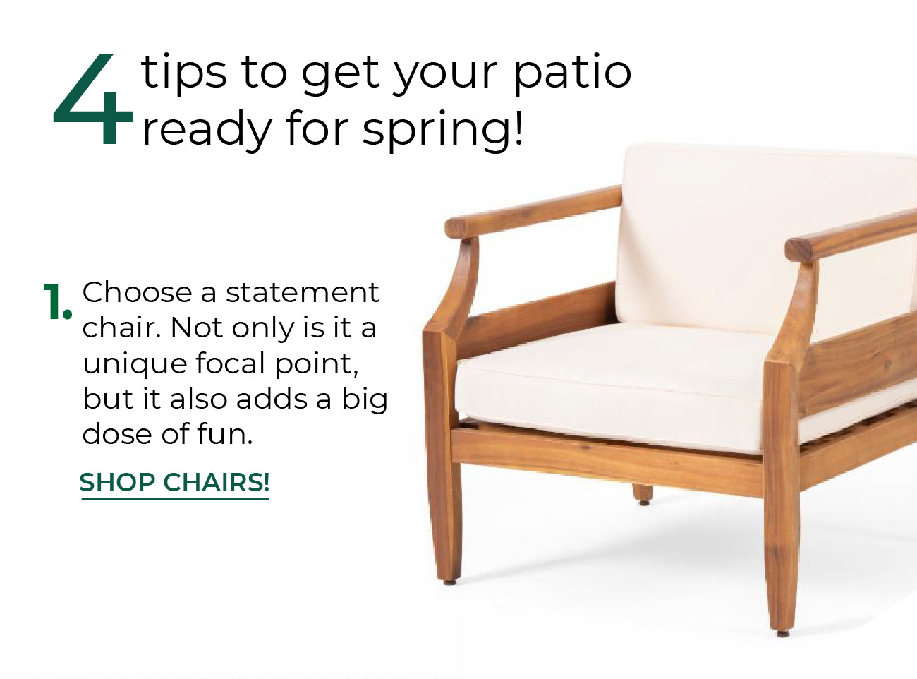 1. 1. Choose a statement chair. Not only is it a unique focal point, but it also adds a big dose of fun.