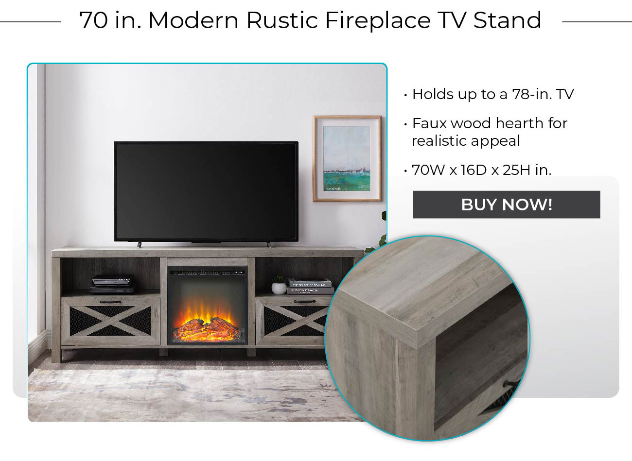 70 in. Modern Rustic Fireplace TV Stand