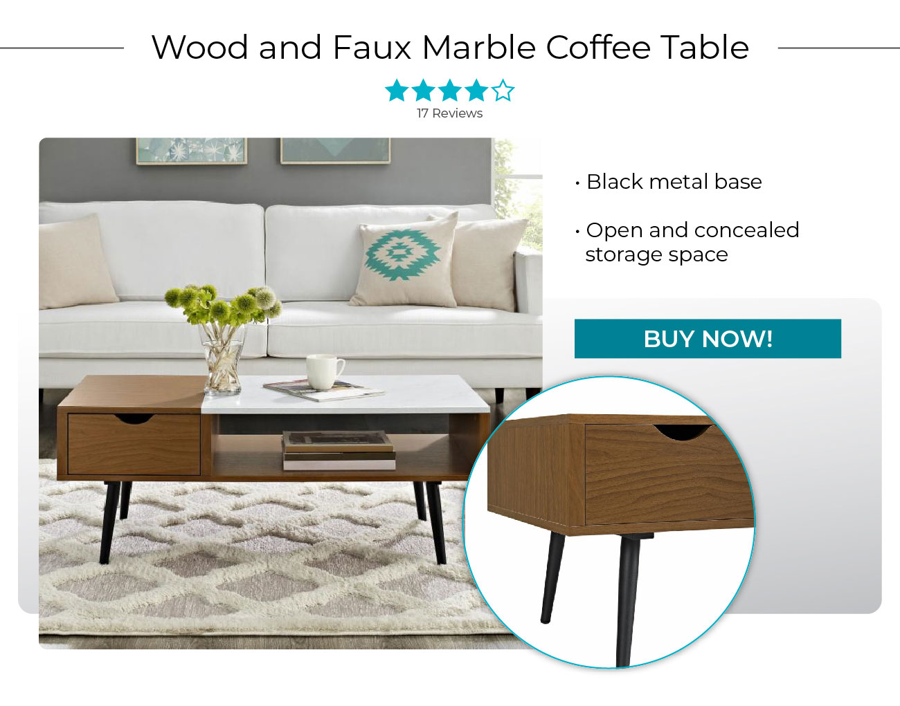 Wood and Faux Marble Coffee Table
