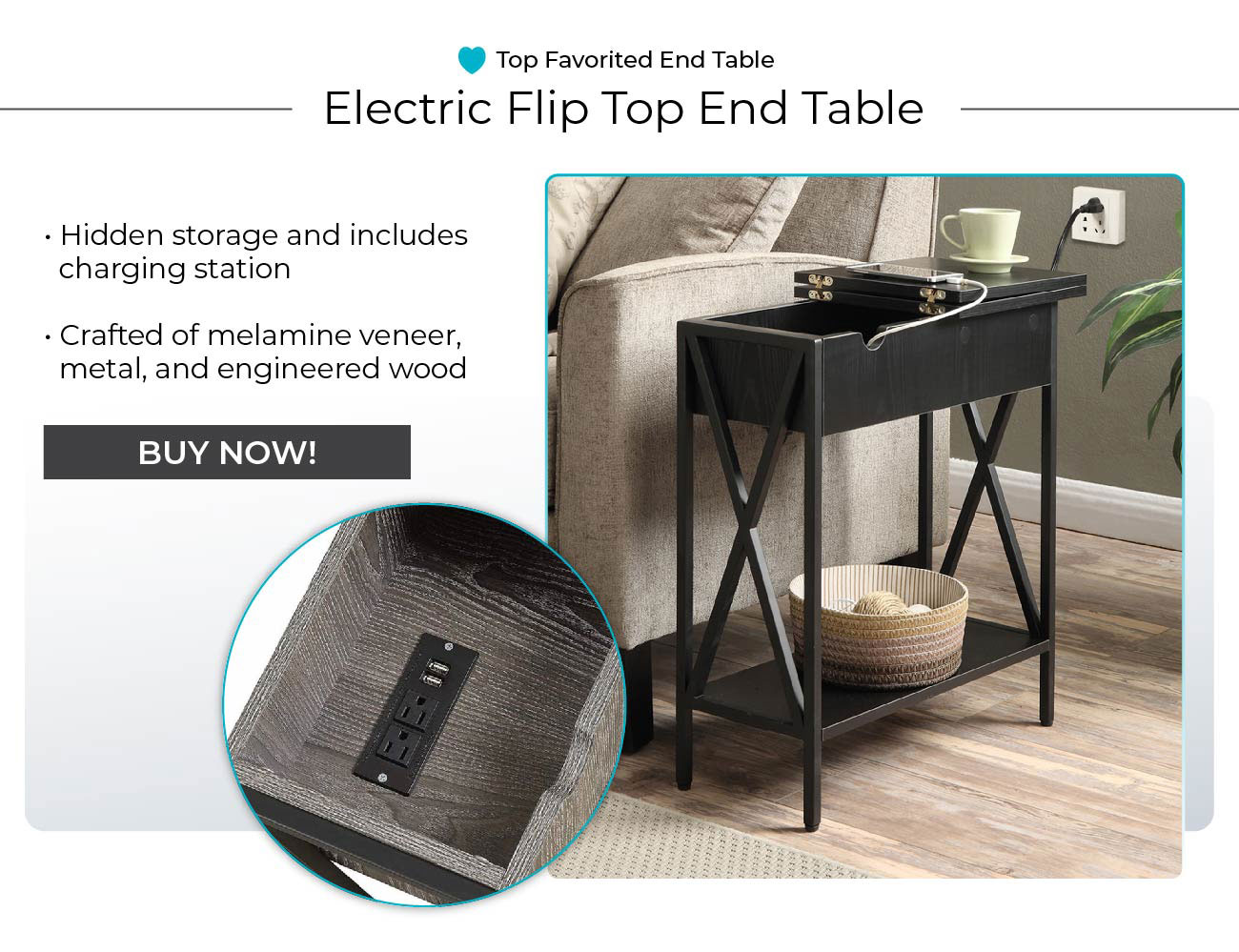 Electric Flip Top End Table