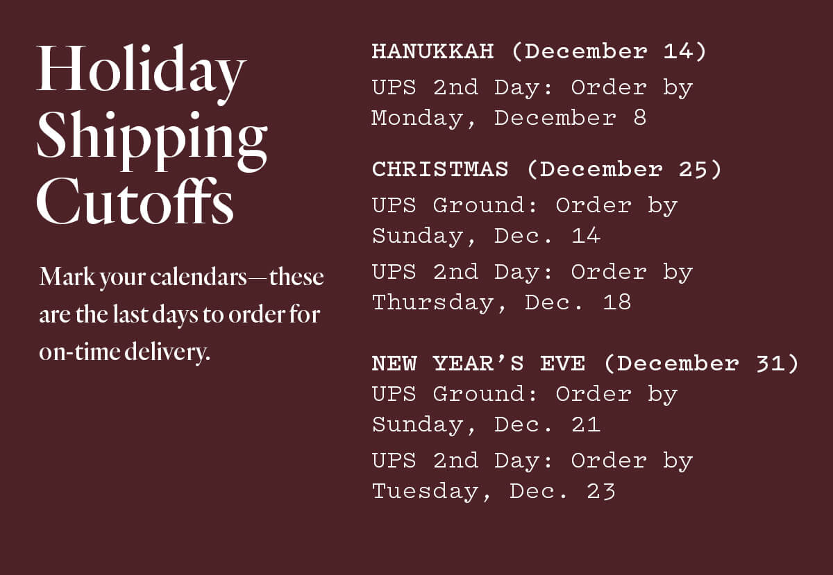 Holiday Shipping Cutoffs