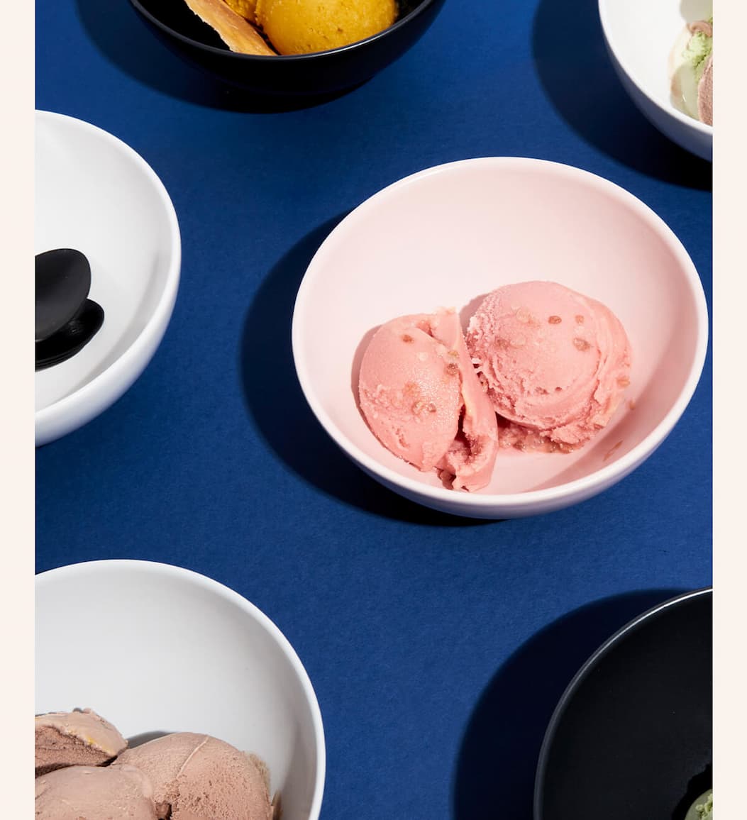 Ice cream, sorbet, cherries on ice.