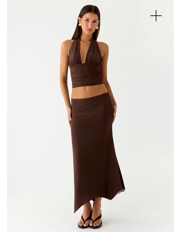 Kerrie Halter Top - Chocolate + Kerrie Hanky Midi Skirt - Chocolate
