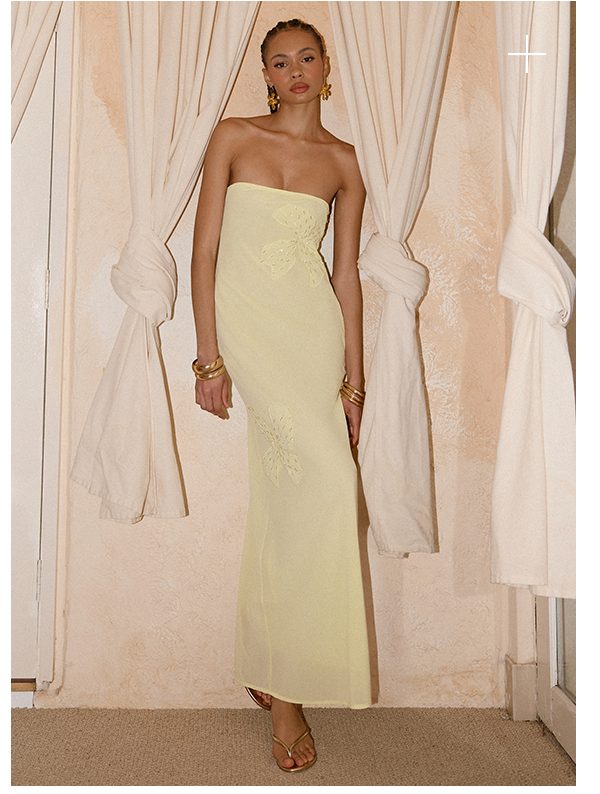 Sassafrass Beaded Flower Strapless Maxi Dress - Yellow