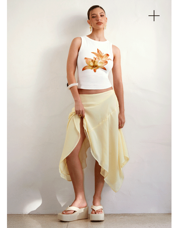 Carmela Tank Top - White, Kia Low Rise Asym Midi Skirt - Yellow