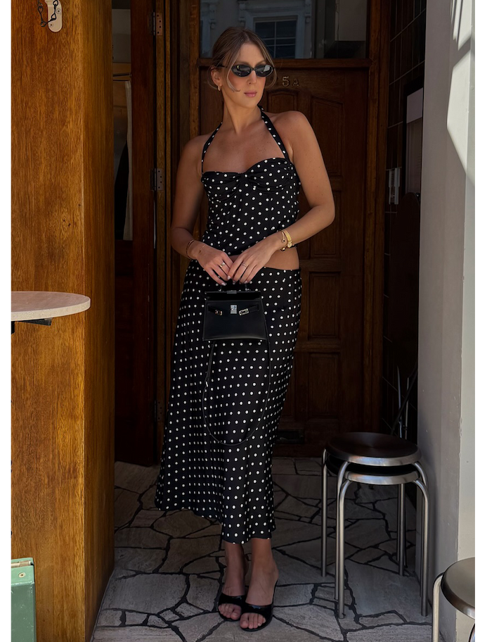 @itsdariasuchenek in Breanne Top - Black Polka Dot & Breanne Midi Skirt - Black Polka Dot