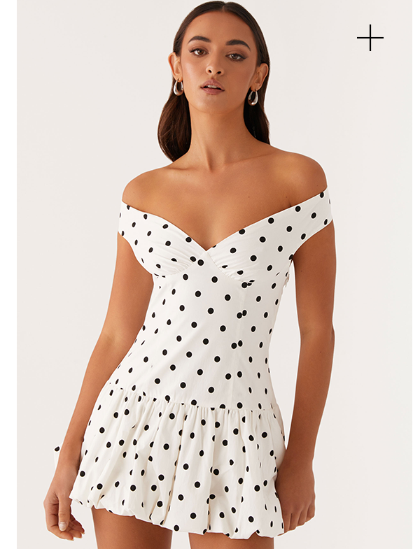 Endless Romance Off Shoulder Mini Dress - White Polka Dot